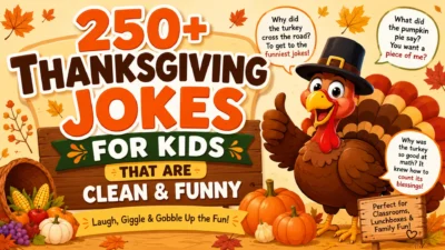 A cheerful cartoon turkey wearing a pilgrim hat surrounded by pumpkins, autumn leaves, and the title "250+ Thanksgiving Jokes for Kids That Are Clean & Funny" on a festive Thanksgiving background.