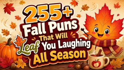 Colorful autumn cartoon thumbnail showing a smiling maple leaf wearing a scarf, pumpkins, falling leaves, acorns, and a warm mug beneath the title “255+ Fall Puns That Will Leaf You Laughing All Season.”