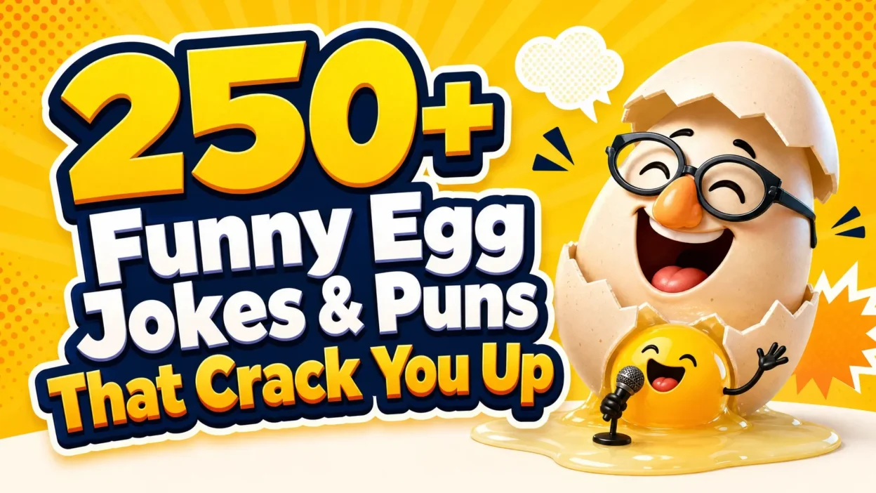 Funny egg character wearing glasses and laughing beside the headline “256+ Funny Egg Jokes & Puns That Crack You Up” on a bright yellow background.