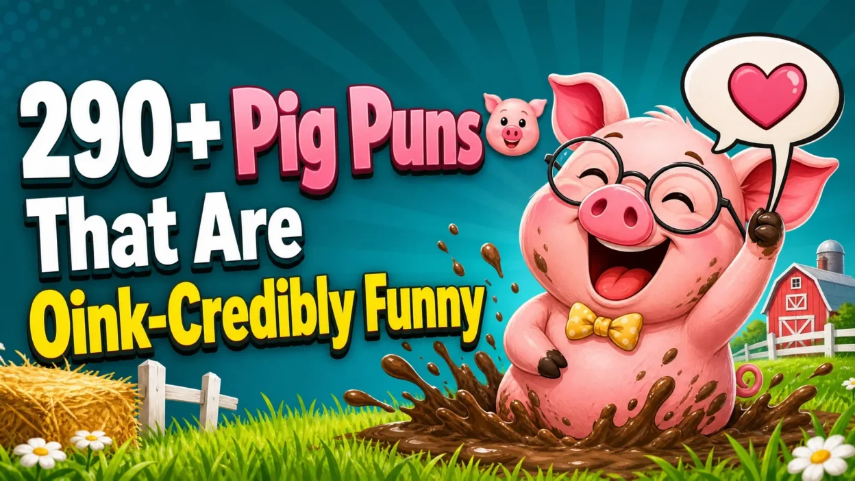 Cheerful cartoon pig wearing glasses and a yellow bow tie, splashing in mud beside the title “290+ Pig Puns That Are Oink-Credibly Funny.”