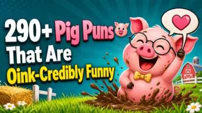 Cheerful cartoon pig wearing glasses and a yellow bow tie, splashing in mud beside the title “290+ Pig Puns That Are Oink-Credibly Funny.”