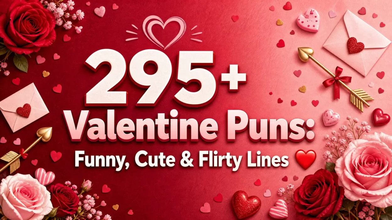 295+ Valentine puns featuring funny, cute, and flirty lines on a romantic red and pink Valentine’s Day background with roses, hearts, envelopes, and arrows.