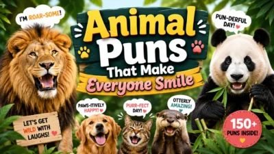 Funny animal puns featuring a smiling lion, panda, dog, cat, and otter with colorful jungle-themed typography that says "Animal Puns That Make Everyone Smile."
