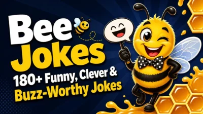 Cute cartoon honeybee wearing a bow tie and holding a joke speech bubble beside the title “Bee Jokes: 180+ Funny, Clever & Buzz-Worthy Jokes.”