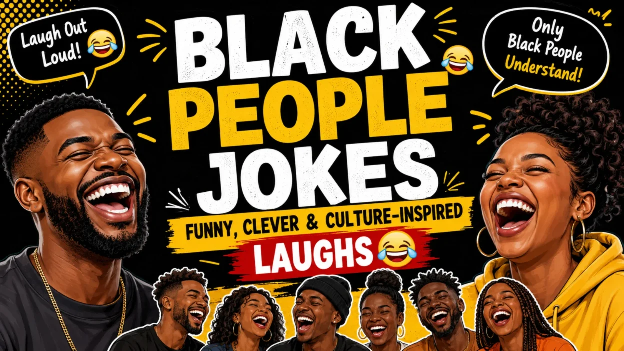 Black People Jokes funny and clever culture-inspired laughs graphic with laughing Black people
