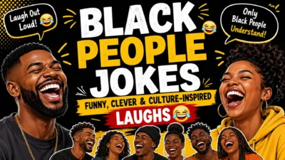 Black People Jokes funny and clever culture-inspired laughs graphic with laughing Black people