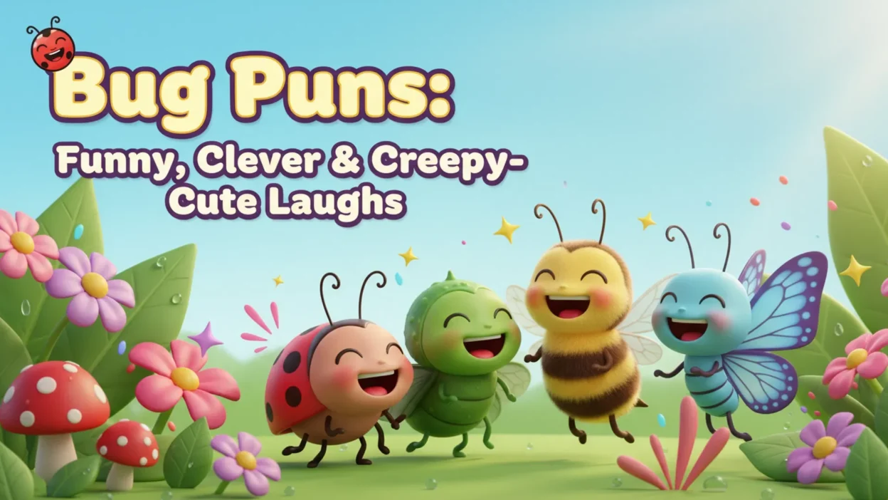 Cute cartoon insects laughing together in a colorful garden with flowers, leaves, mushrooms, sparkles, and the text “Bug Puns: Funny, Clever & Creepy-Cute Laughs.”