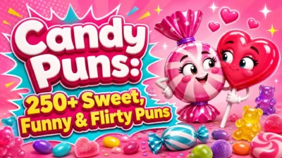 Colorful candy-themed graphic featuring the title “Candy Puns: 250+ Sweet, Funny & Flirty Puns,” with a smiling wrapped candy and heart-shaped lollipop character surrounded by sweets and hearts.