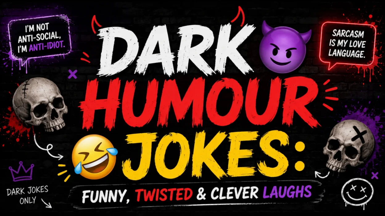Dark humour jokes with funny, twisted and clever laughs graphic