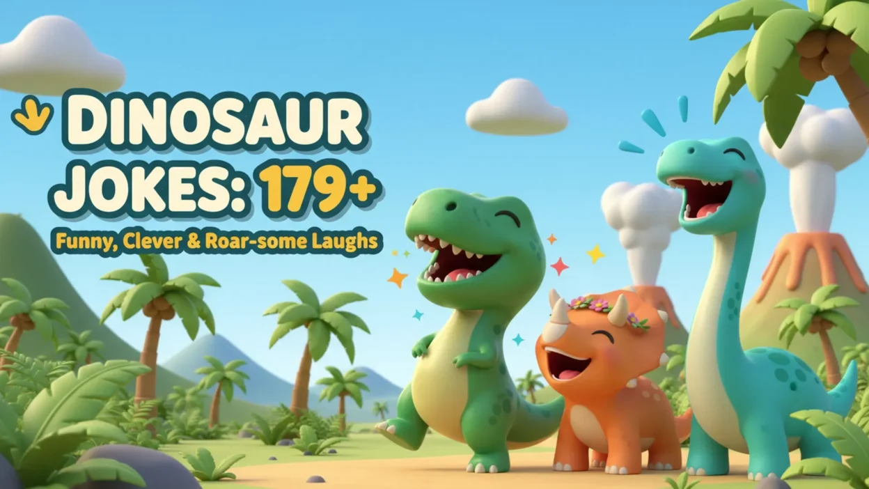 Three cheerful cartoon dinosaurs laughing together in a sunny prehistoric landscape with palm trees, volcanoes, clouds, and the text “Dinosaur Jokes: 179+ Funny, Clever & Roar-some Laughs.”
