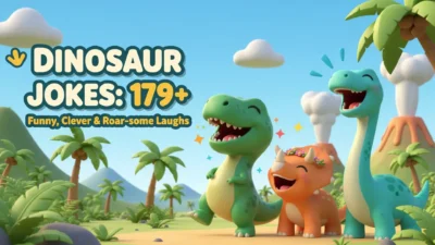Three cheerful cartoon dinosaurs laughing together in a sunny prehistoric landscape with palm trees, volcanoes, clouds, and the text “Dinosaur Jokes: 179+ Funny, Clever & Roar-some Laughs.”