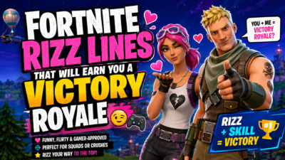 Fortnite rizz lines for a Victory Royale featuring funny gamer pickup lines and playful Fortnite characters