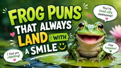 A smiling green frog sitting on a lily pad with the text "Frog Puns That Always Land with a Smile," representing a collection of funny, cute, and clever frog puns.