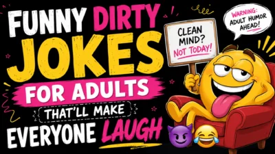 Colorful featured image for Funny Dirty Jokes for Adults with bold typography, playful emojis, and a humorous adult comedy theme.
