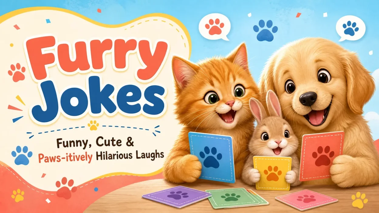 A cheerful cartoon banner featuring a fluffy orange cat, a smiling golden retriever puppy, and a cute bunny holding colorful paw-print cards beside the title “Furry Jokes” and the tagline “Funny, Cute & Paws-itively Hilarious Laughs.”