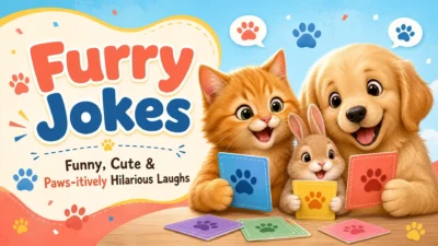A cheerful cartoon banner featuring a fluffy orange cat, a smiling golden retriever puppy, and a cute bunny holding colorful paw-print cards beside the title “Furry Jokes” and the tagline “Funny, Cute & Paws-itively Hilarious Laughs.”