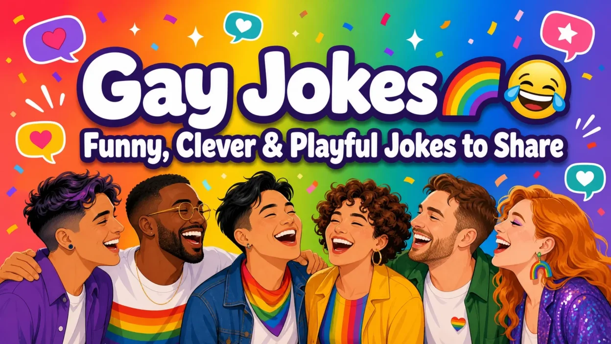 Colorful rainbow graphic featuring a diverse group of LGBTQ+ friends laughing beneath the headline “Gay Jokes” and the subtitle “Funny, Clever & Playful Jokes to Share.”