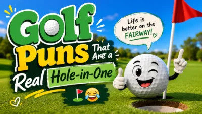Funny golf puns featured image with a smiling golf ball mascot on a golf course beside a hole-in-one sign and playful golf-themed jokes.