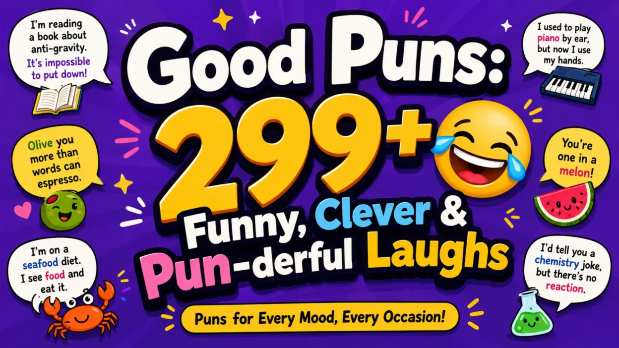 Good Puns: 299+ funny, clever and pun-derful laughs graphic with colorful joke illustrations