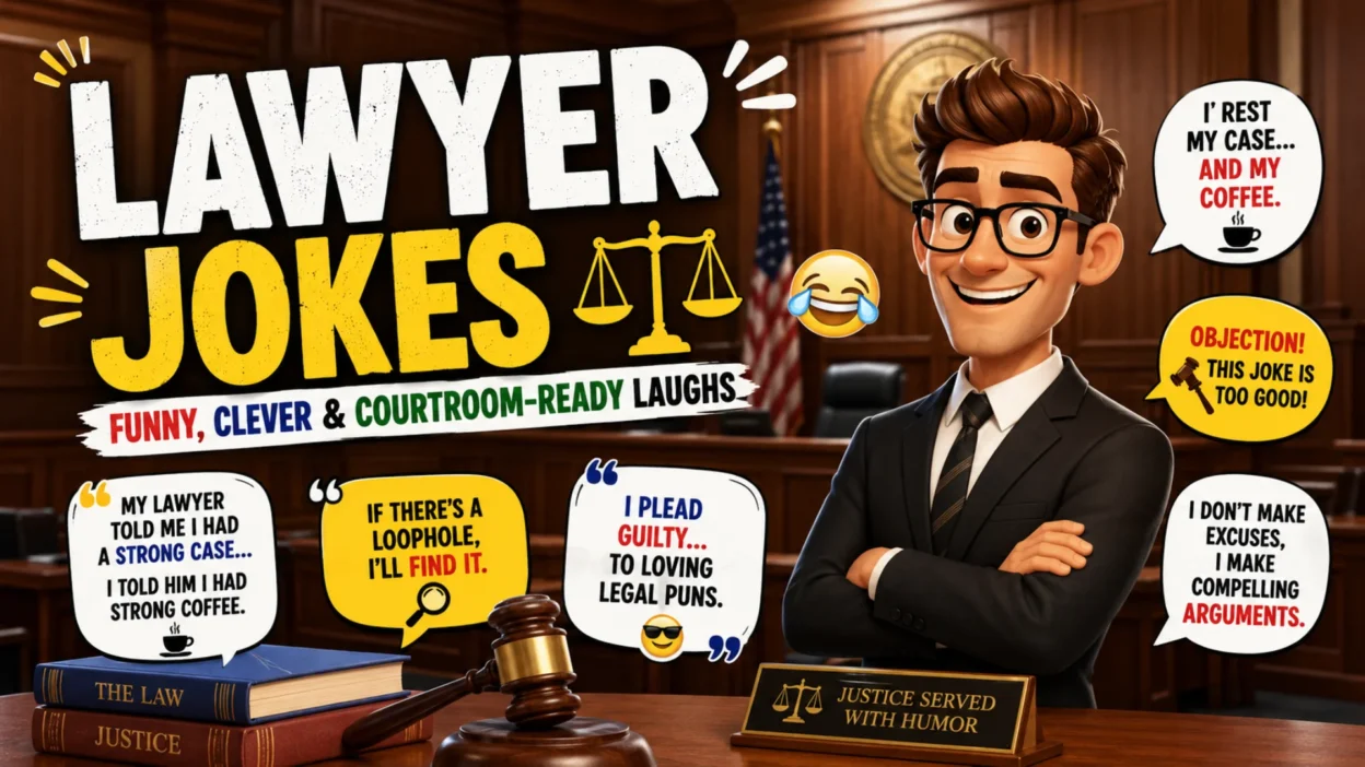 Funny lawyer jokes graphic featuring a laughing attorney, courtroom, scales of justice, legal books, and humorous speech bubbles.