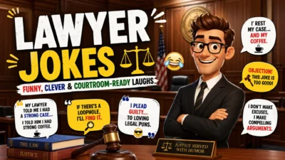 Funny lawyer jokes graphic featuring a laughing attorney, courtroom, scales of justice, legal books, and humorous speech bubbles.