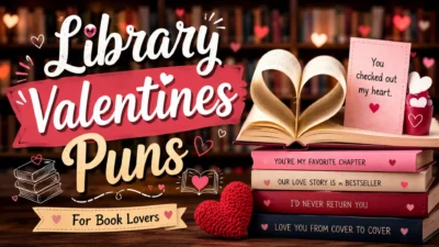Library Valentines Puns with romantic books, hearts, and a cozy library theme