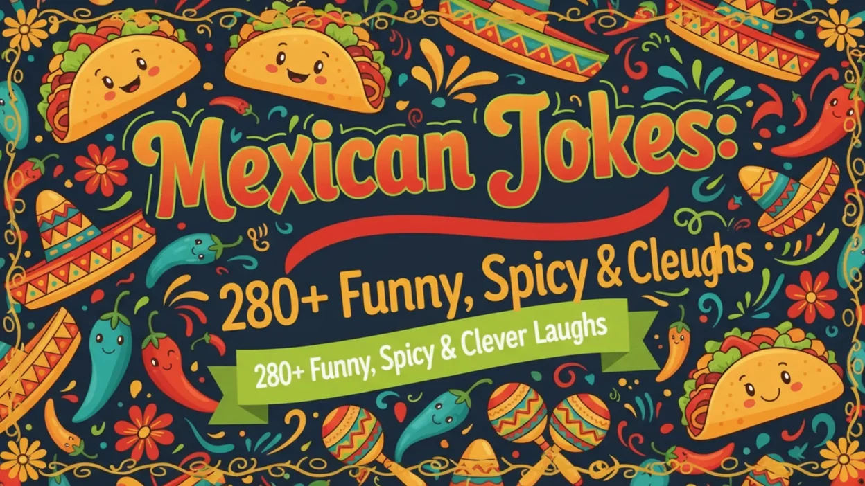 A vibrant and festive 1920x1080 banner featuring cute smiling tacos, sombreros, chili peppers, and maracas. The central text reads 'Mexican Jokes: 280+ Funny, Spicy & Clever Laughs' against a dark blue background decorated with colorful Mexican-inspired patterns.