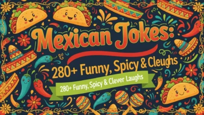 A vibrant and festive 1920x1080 banner featuring cute smiling tacos, sombreros, chili peppers, and maracas. The central text reads 'Mexican Jokes: 280+ Funny, Spicy & Clever Laughs' against a dark blue background decorated with colorful Mexican-inspired patterns.