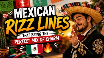 A colorful 1920x1080 banner featuring a smiling man in a traditional sombrero with festive Mexican decorations, cactus, and bold text promoting funny Mexican rizz lines.