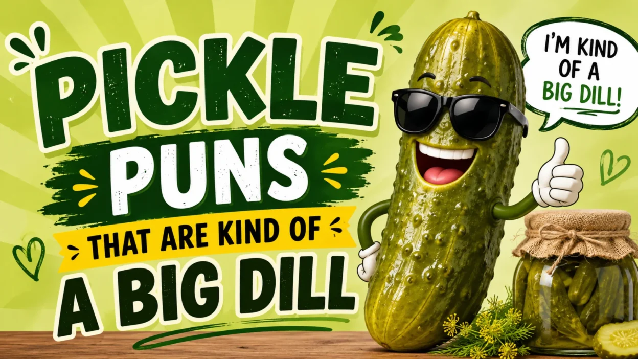 A smiling cartoon pickle wearing sunglasses gives a thumbs-up beside the text "Pickle Puns That Are Kind of a Big Dill" with a pickle jar and fresh dill on a bright green background.