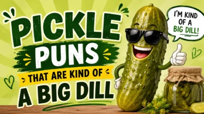 A smiling cartoon pickle wearing sunglasses gives a thumbs-up beside the text "Pickle Puns That Are Kind of a Big Dill" with a pickle jar and fresh dill on a bright green background.