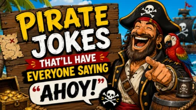 A colorful pirate-themed hero image featuring a laughing pirate captain, treasure chest, parrot, pirate ship, and bold text reading "Pirate Jokes That'll Have Everyone Saying Ahoy!"