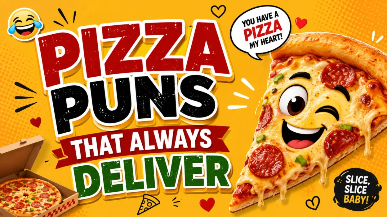 A cheerful pizza slice with a smiling face beside the headline "Pizza Puns That Always Deliver" on a bright yellow background with playful pizza-themed graphics and funny speech bubbles.