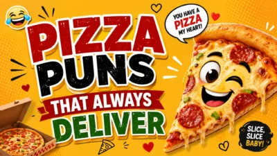 A cheerful pizza slice with a smiling face beside the headline "Pizza Puns That Always Deliver" on a bright yellow background with playful pizza-themed graphics and funny speech bubbles.