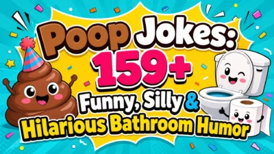 Colorful cartoon thumbnail featuring a smiling poop character, a cheerful toilet, and a toilet-paper roll around the title “Poop Jokes: 159+ Funny, Silly & Hilarious Bathroom Humor.”