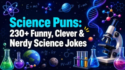 Science Puns: 230+ Funny, Clever & Nerdy Science Jokes, shown with colorful illustrations of an atom, DNA, microscope, molecules, planets, beakers, and test tubes.