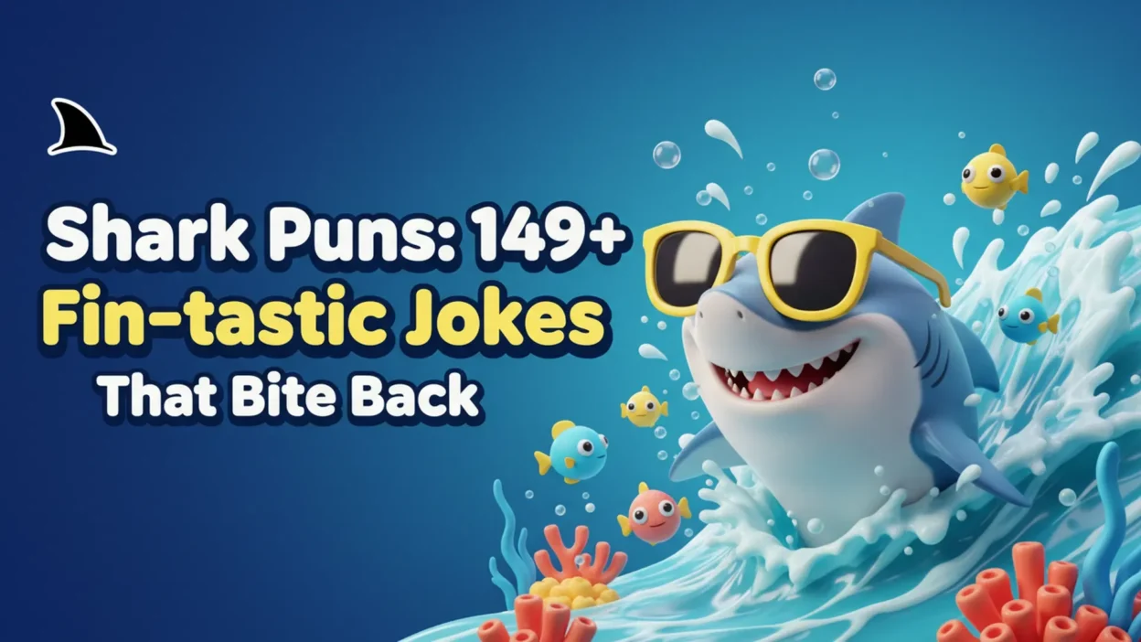 Shark puns featuring a funny cartoon shark with playful ocean-themed humor