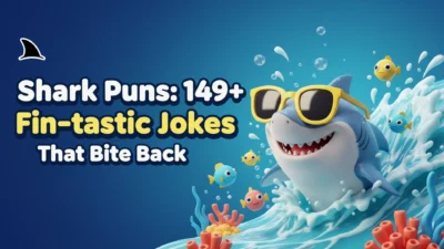 Shark puns featuring a funny cartoon shark with playful ocean-themed humor