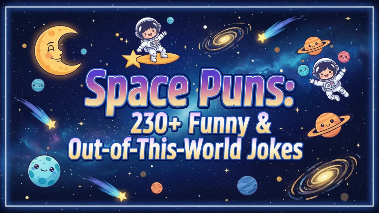 A vibrant and cosmic 1920x1080 banner featuring cute smiling astronauts, planets, and shooting stars against a deep space blue and purple background. The central text reads 'Space Puns: 230+ Funny & Out-of-This-World Jokes'.