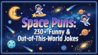A vibrant and cosmic 1920x1080 banner featuring cute smiling astronauts, planets, and shooting stars against a deep space blue and purple background. The central text reads 'Space Puns: 230+ Funny & Out-of-This-World Jokes'.