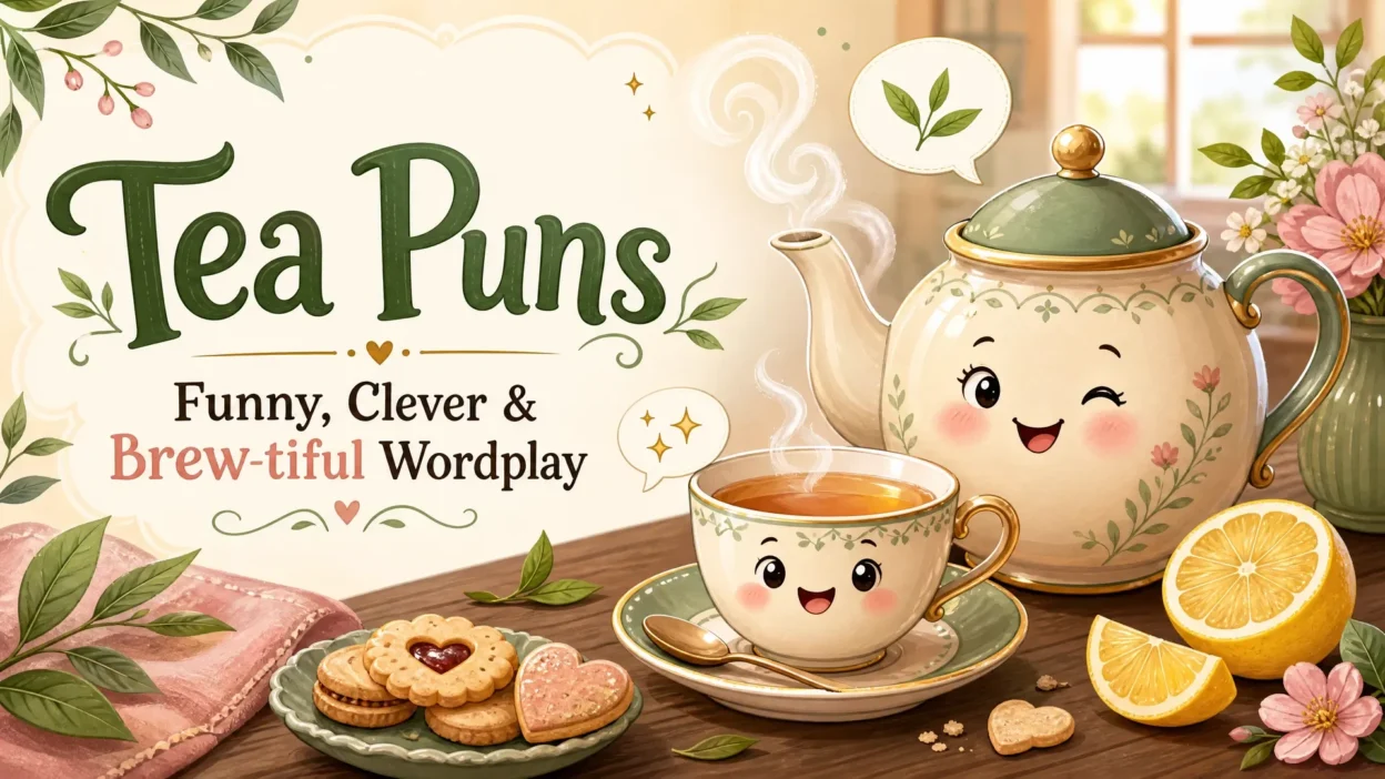 A whimsical tea-themed banner featuring a smiling floral teapot and teacup with expressive faces, steaming tea, lemon slices, biscuits, flowers, and green leaves beside the words “Tea Puns” and “Funny, Clever & Brew-tiful Wordplay.”