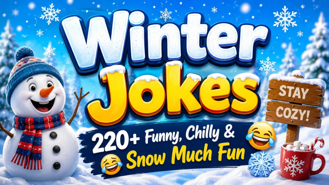 Winter jokes with a cheerful snowman, falling snow, and colorful text saying “220+ Funny, Chilly & Snow Much Fun.”