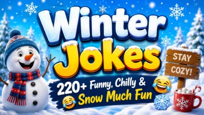 Winter jokes with a cheerful snowman, falling snow, and colorful text saying “220+ Funny, Chilly & Snow Much Fun.”