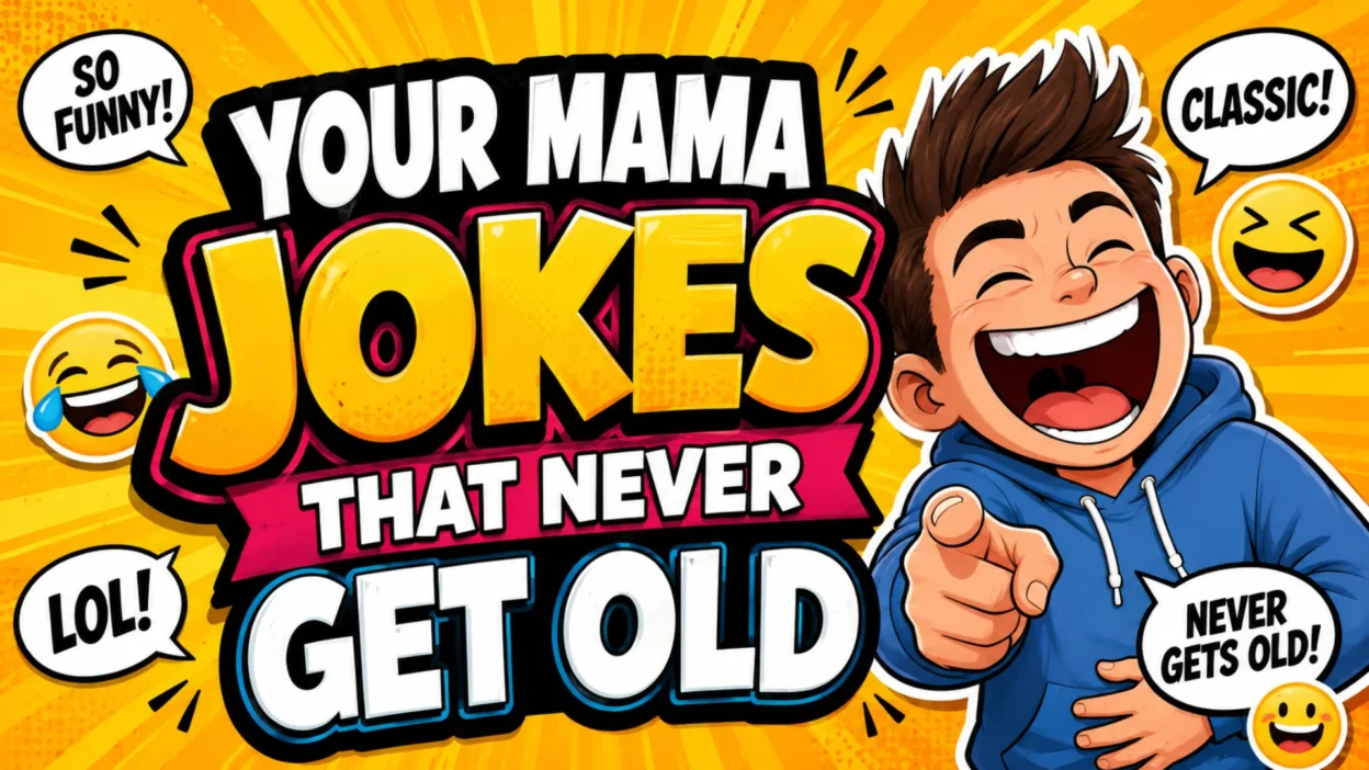 Your Mama Jokes That Never Get Old thumbnail featuring a laughing cartoon character, bold comic-style typography, speech bubbles, and funny emojis on a bright yellow background.