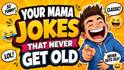 Your Mama Jokes That Never Get Old thumbnail featuring a laughing cartoon character, bold comic-style typography, speech bubbles, and funny emojis on a bright yellow background.