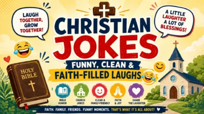 Christian jokes funny clean and faith-filled laughs with Bible and church illustration