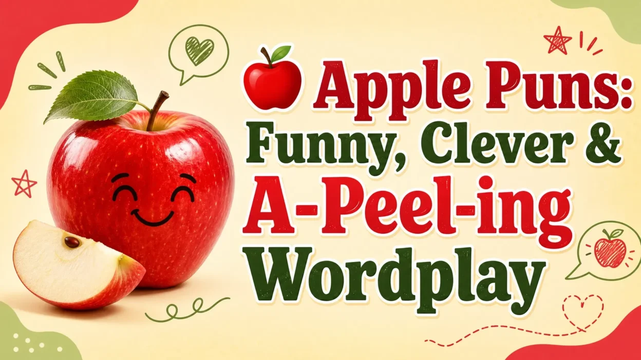 Cheerful red apple illustration beside the headline “Apple Puns: Funny, Clever & A-Peel-ing Wordplay” on a playful cream, red, and green background.