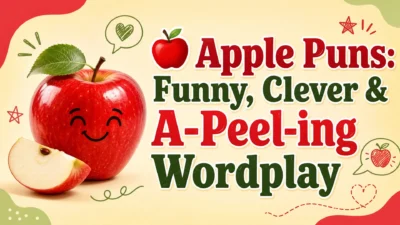 Cheerful red apple illustration beside the headline “Apple Puns: Funny, Clever & A-Peel-ing Wordplay” on a playful cream, red, and green background.