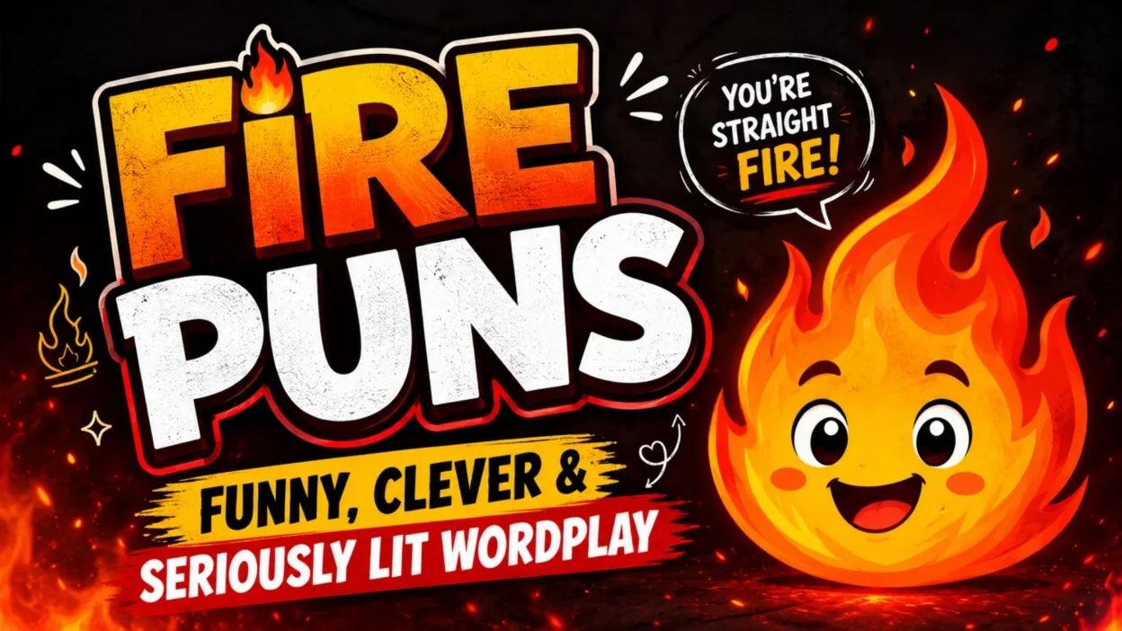 Fire puns graphic featuring a cheerful flame with funny, clever, and seriously lit wordplay