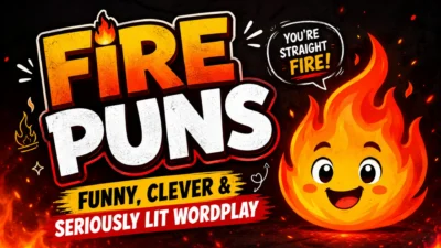 Fire puns graphic featuring a cheerful flame with funny, clever, and seriously lit wordplay